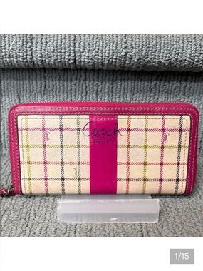 Coach  long wallet  zippy wallet tattersall print coated canvas pink stripe EUC